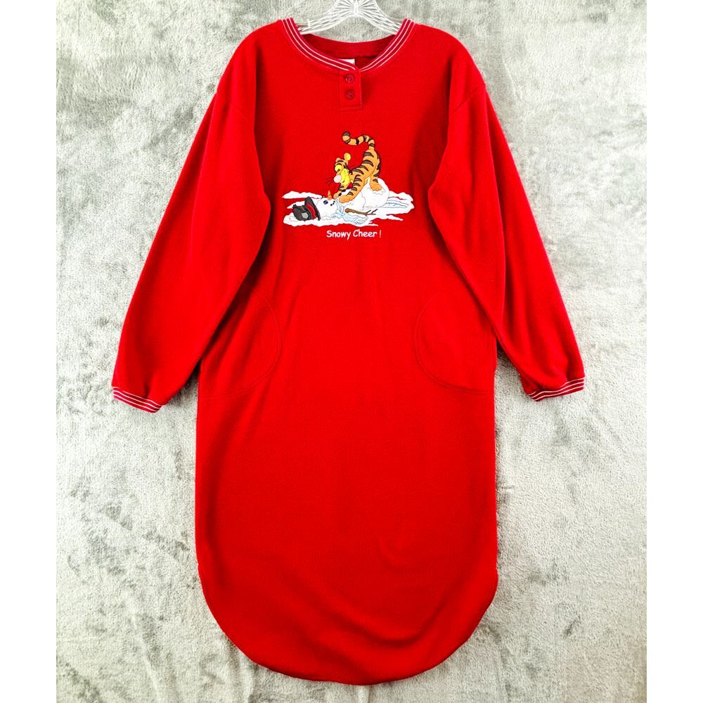 Disney Tigger Snowy Cheer Nightgown Womens M Red Fleece Snowman Pockets Vintage